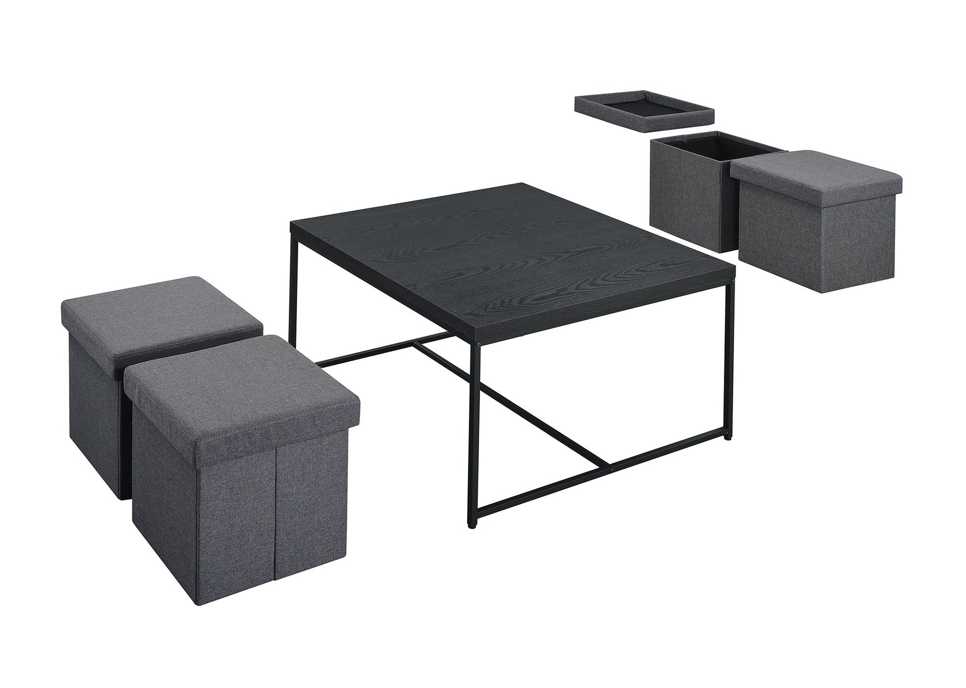 The Caitlin - Wood Grain 5 Piece Coffee Table Set features a modern black table with a metal frame, paired with four gray upholstered storage ottomans, shown both closed and open to display interior storage, all set against a white background.