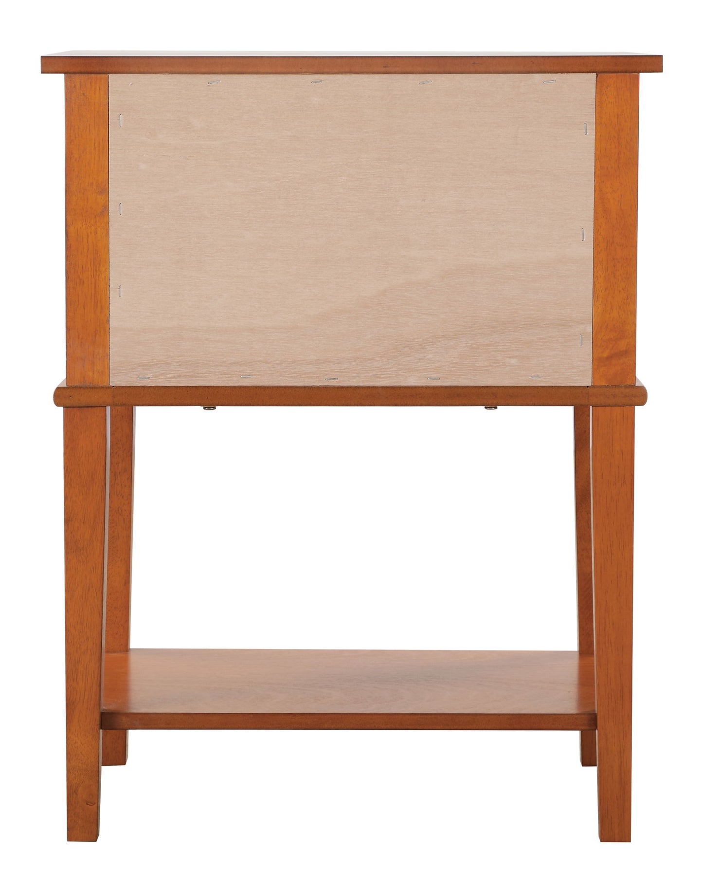 The Vibrant Contemporary Nightstand features straight legs, a rectangular top, a lower shelf, an unfinished back panel, and is crafted from wood with a warm medium-brown finish.