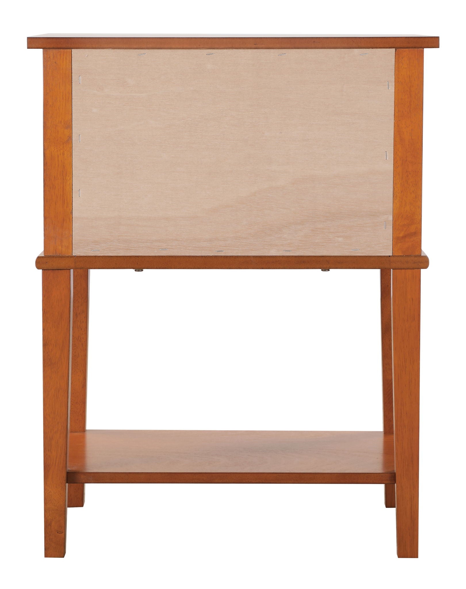 The Vibrant Contemporary Nightstand features straight legs, a rectangular top, a lower shelf, an unfinished back panel, and is crafted from wood with a warm medium-brown finish.