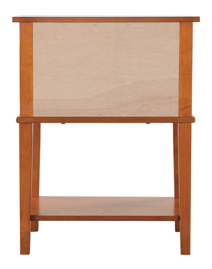 The Vibrant Contemporary Nightstand features straight legs, a rectangular top, a lower shelf, an unfinished back panel, and is crafted from wood with a warm medium-brown finish.