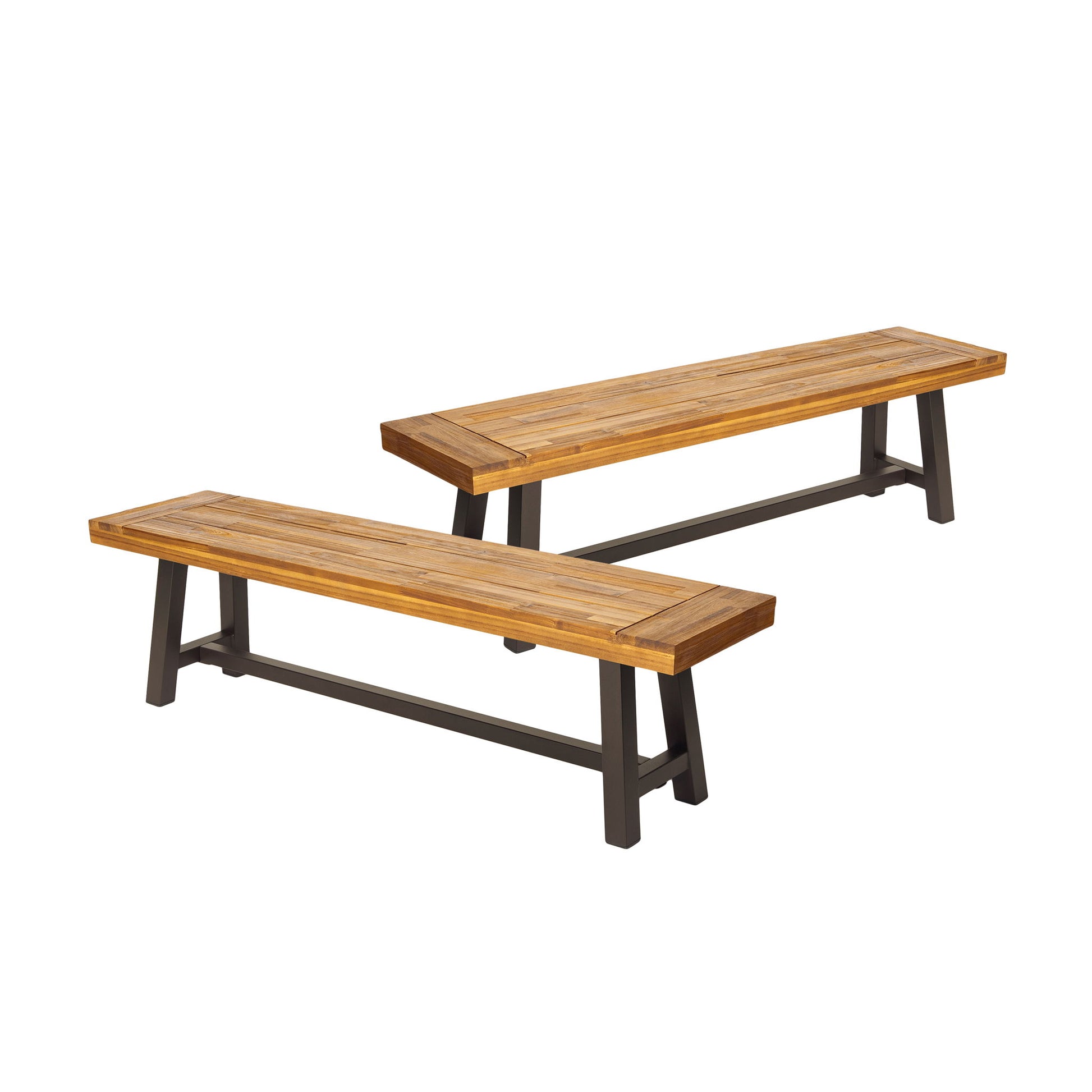 Two Tranquilizer outdoor acacia wood benches with slat panel design and dark metal legs are positioned at an angle on a white background.