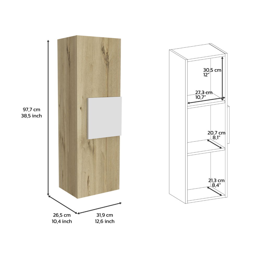 The Medicine Single Door Cabinet features a tall, rectangular design in light oak and white with a front panel. It has three shelves and measures 97.7 cm high, 26.5 cm deep, and 31.9 cm wide with labeled interior shelf spaces.