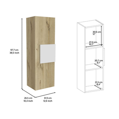 The Medicine Single Door Cabinet features a tall, rectangular design in light oak and white with a front panel. It has three shelves and measures 97.7 cm high, 26.5 cm deep, and 31.9 cm wide with labeled interior shelf spaces.