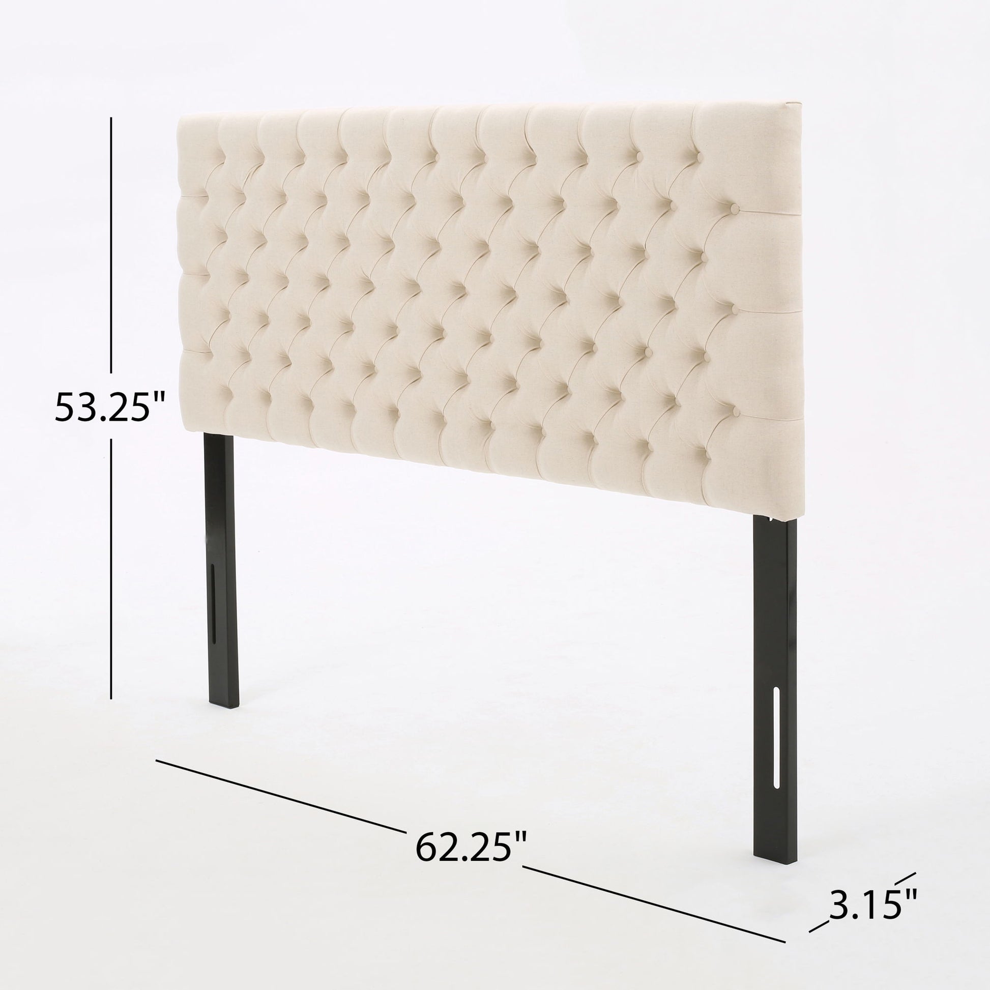 Annecy - Contemporary Upholstered Headboard in beige tufted fabric with black legs, displayed against a white background. Dimensions: 53.25" H x 62.25" W x 3.15" D, with measurements labeled on the image.