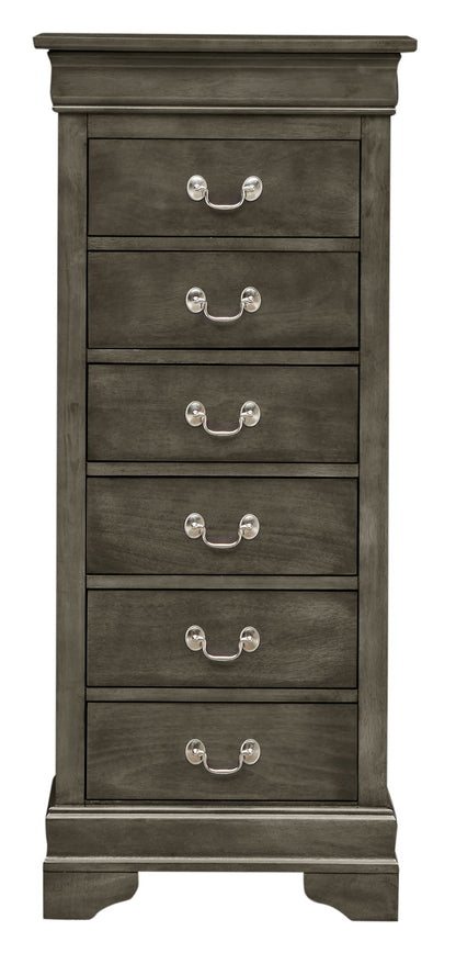The Traditional Style Lingerie Storage Chest Timeless features a tall wooden design with six drawers, each adorned with two curved metal handles. It has a dark finish and stands on short, sturdy legs.