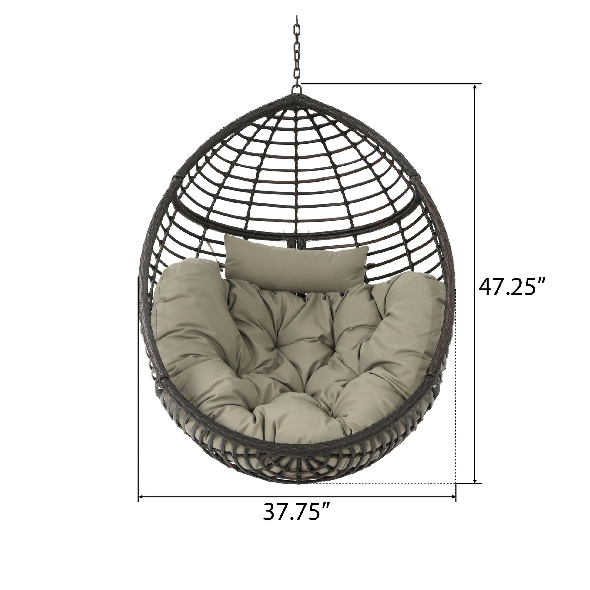 The Hanging Basket Chair with Metal Frame and Seat Cushion features an egg-shaped wicker design, beige tufted cushion and pillow, hangs by a chain, and measures 47.25" tall by 37.75" wide.