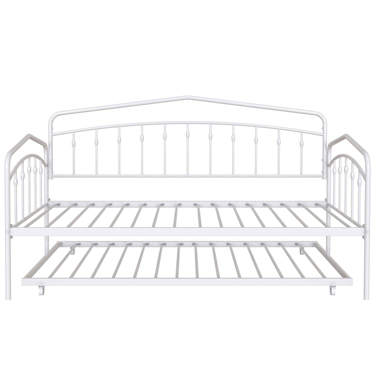 The Fox - Daybed With Twin Trundle features a white metal frame with geometric backrest and side rails, plus a lower trundle bed on wheels that easily slides under the main bed.