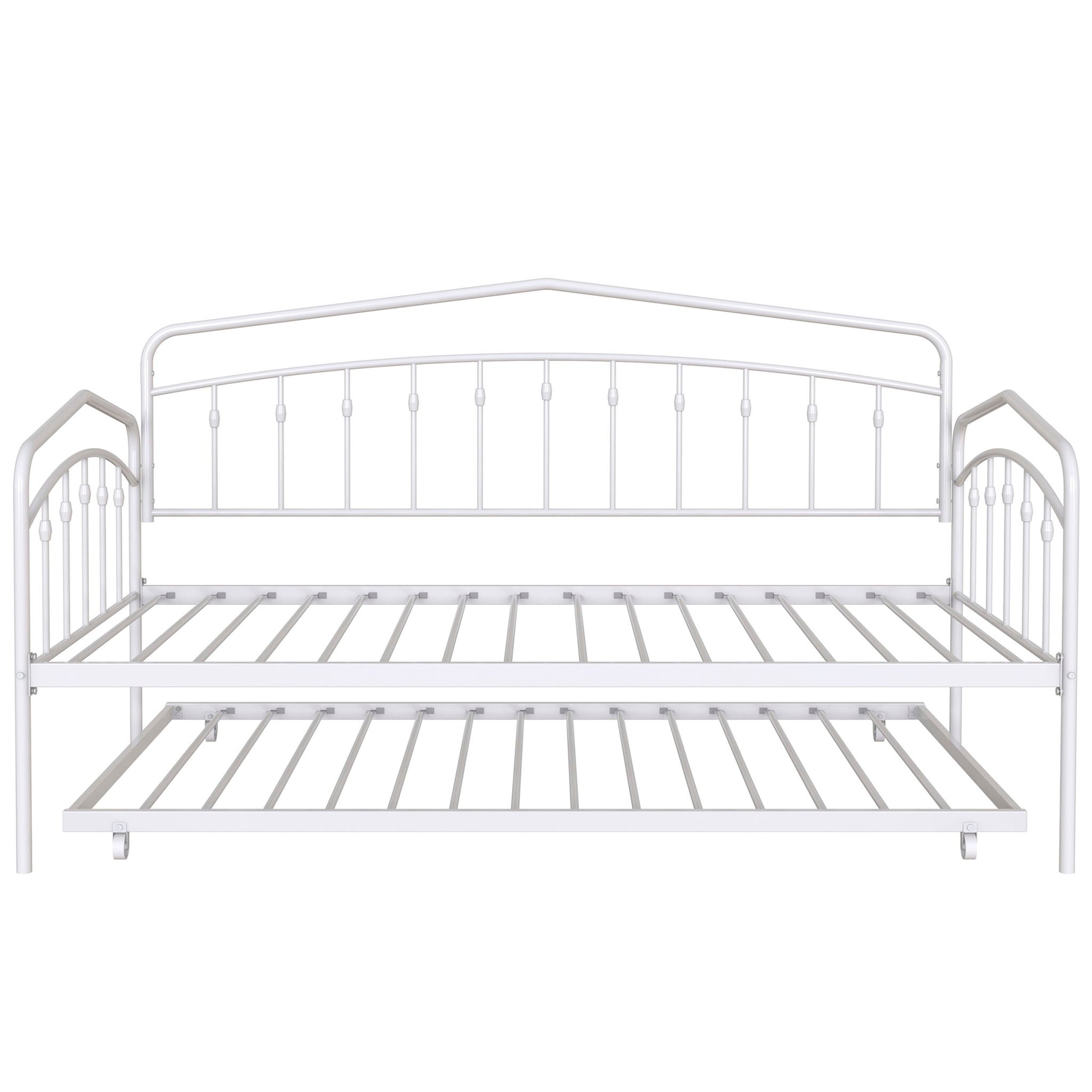 The Fox - Daybed With Twin Trundle features a white metal frame with geometric backrest and side rails, plus a lower trundle bed on wheels that easily slides under the main bed.