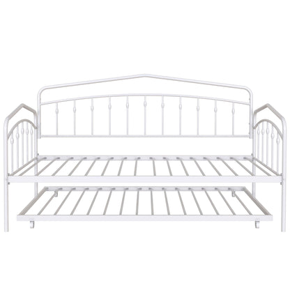 The Fox - Daybed With Twin Trundle features a white metal frame with geometric backrest and side rails, plus a lower trundle bed on wheels that easily slides under the main bed.