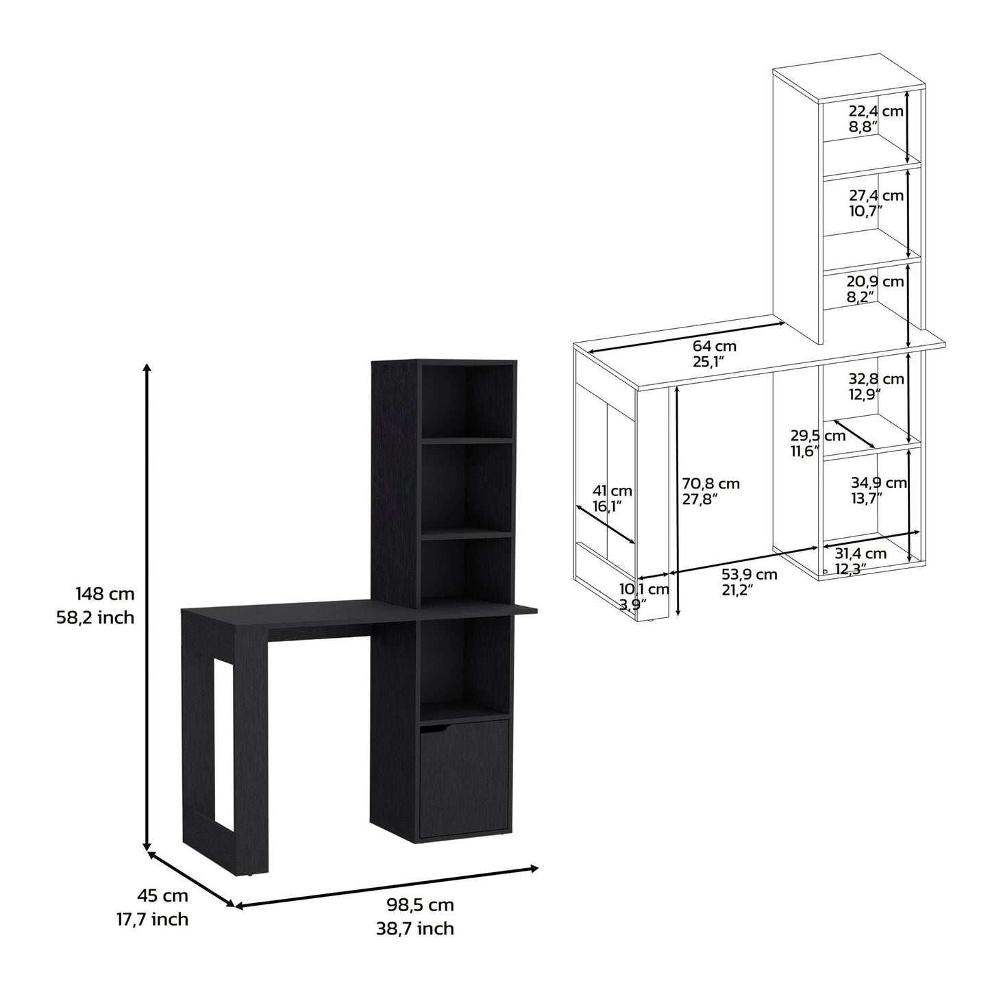 The Writing Desk With Bookcase And Cabinet - Black is displayed beside a line drawing showing detailed measurements in cm and inches. The desk measures 148 cm tall, 98.5 cm wide, and 45 cm deep. Its shelves are arranged vertically.