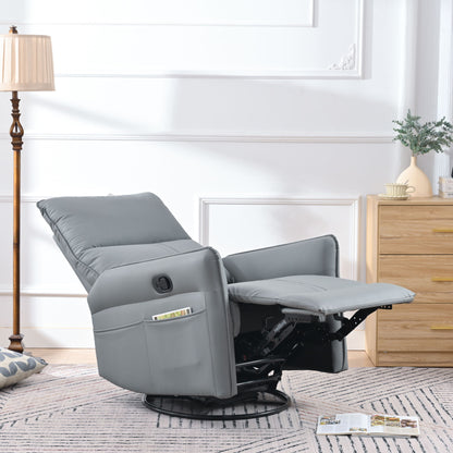 The 360° Modern Small Rocking Swivel Recliner Chair With Side Pocket, shown in gray with the footrest extended, is placed in a bright living room with a lamp, wooden dresser with plants, magazines, and a rug. A newspaper sits in its side pocket.