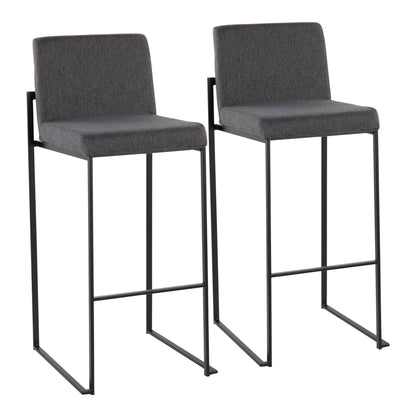 The Fuji Contemporary High Back Barstool features elegant gray upholstered seats and backs, black metal frames, a minimalist open-leg design, no armrests, and a sleek, contemporary look.