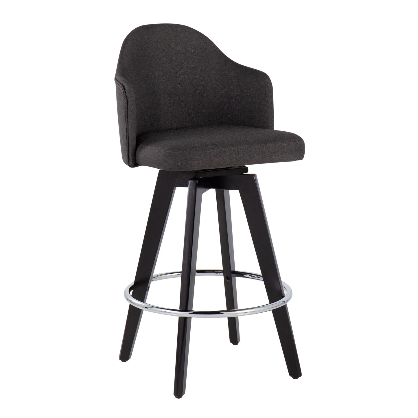 The Ahoy Contemporary Fixed Height Counter Stool set includes two stools with a sleek design and dark cushioned seats and backrests. They feature angled wooden frames, chrome round footrests, and swivel mechanisms.