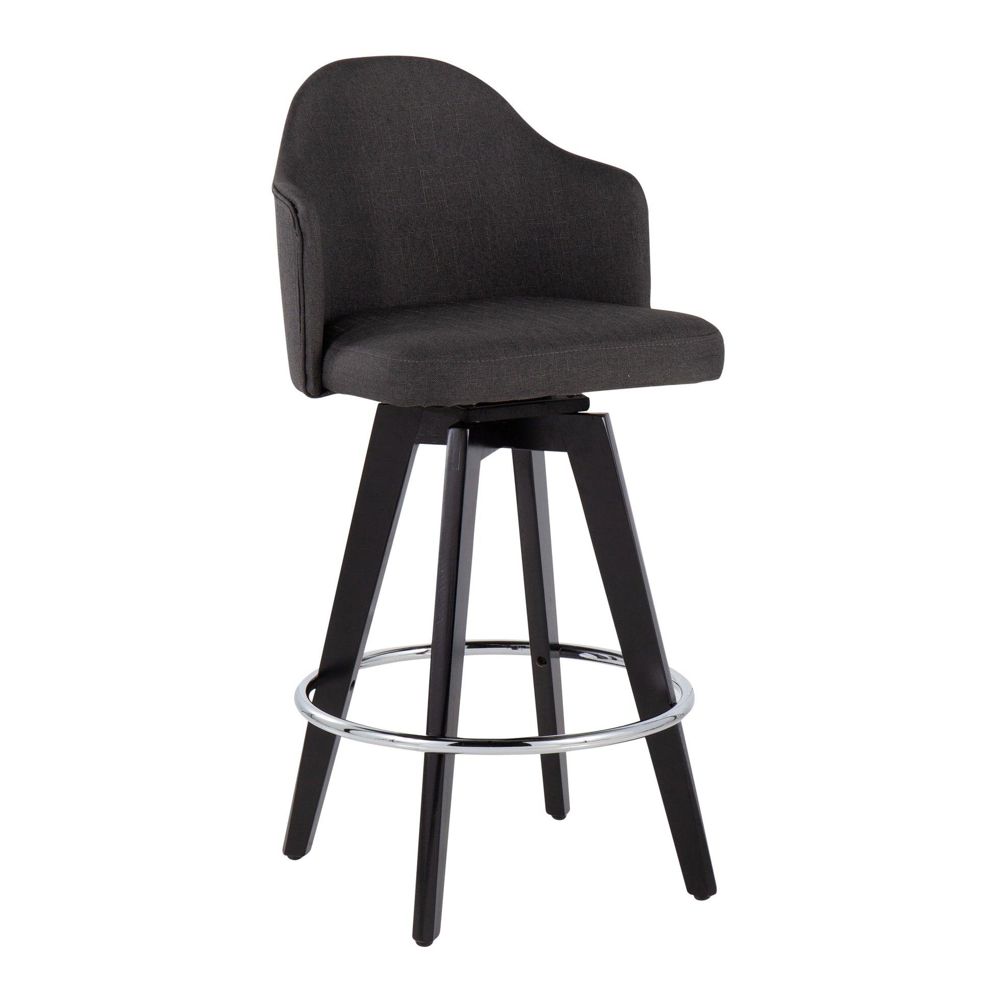 The Ahoy Contemporary Fixed Height Counter Stool set includes two stools with a sleek design and dark cushioned seats and backrests. They feature angled wooden frames, chrome round footrests, and swivel mechanisms.