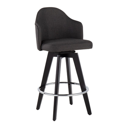 The Ahoy Contemporary Fixed Height Counter Stool set includes two stools with a sleek design and dark cushioned seats and backrests. They feature angled wooden frames, chrome round footrests, and swivel mechanisms.