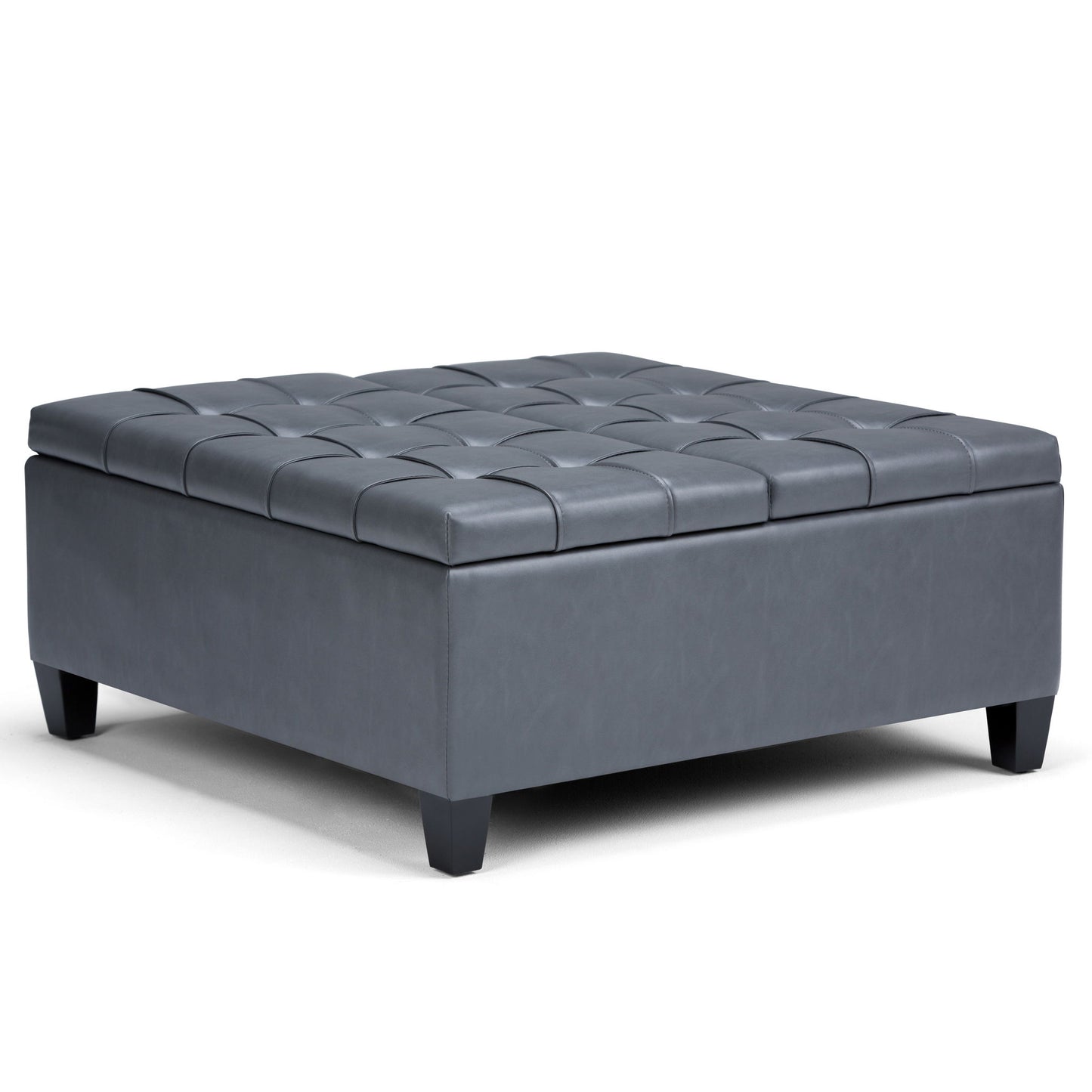The Harrison Upholstered Coffee Table Storage Ottoman is a square, dark gray tufted piece with short black legs and leather or faux leather upholstery, shown on a white background.