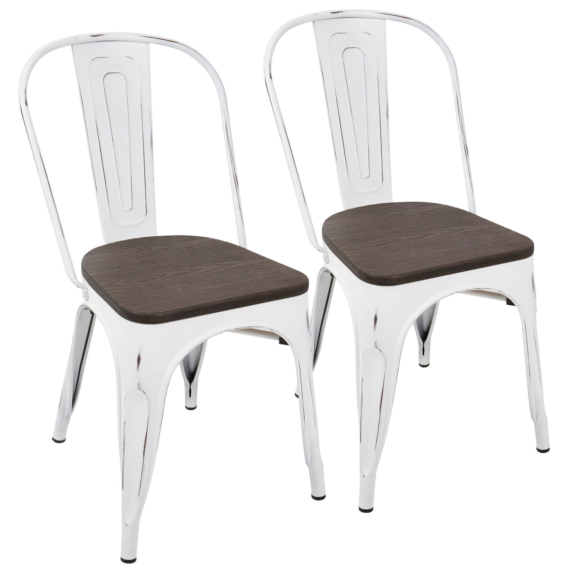 The Oregon - Industrial Farmhouse Stackable Dining Chair (Set of 2) features white distressed metal frames, dark wood seats, and curved backrests in a simple industrial style. The chairs are placed side by side, angled slightly to the right.