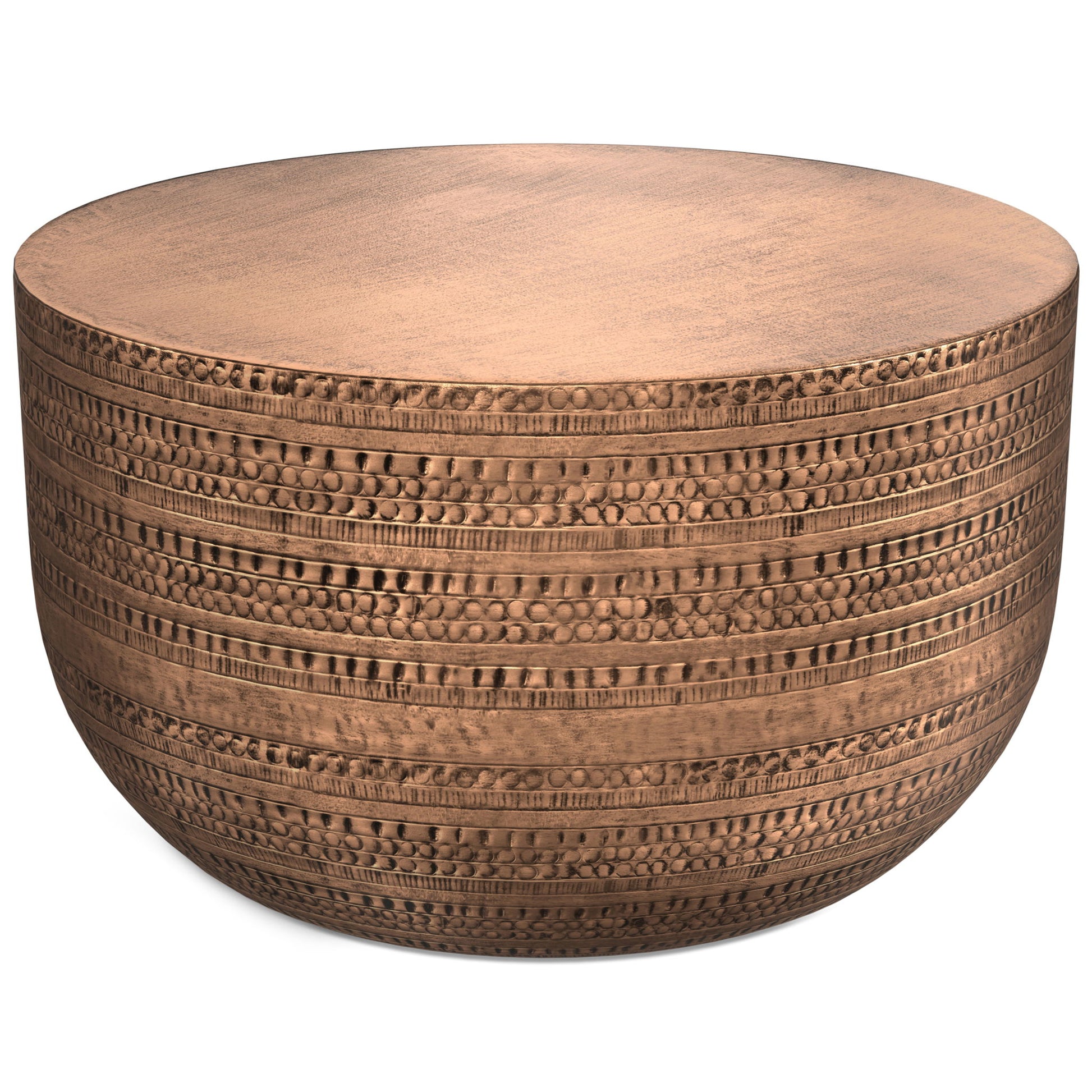The Johnsen Handcrafted Metal Coffee Table features a round, copper-colored design with a hammered texture and decorative horizontal patterns around its curved sides.