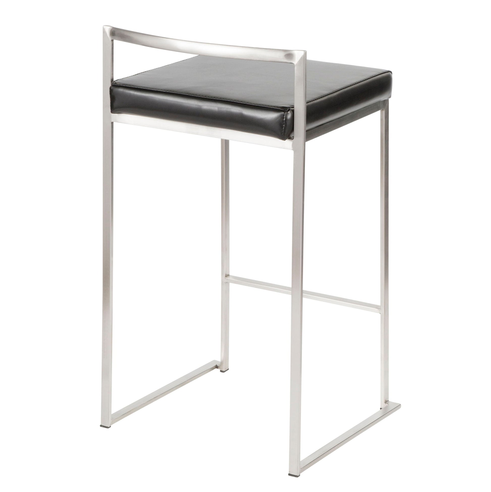 The Fuji Contemporary Counter Stool (Set of 2) features a sleek metal frame, open backrest, and black cushioned seat with clean lines and a minimalist, stackable design for modern spaces.