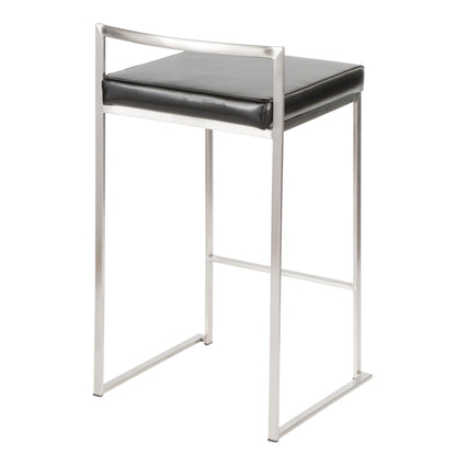 The Fuji Contemporary Counter Stool (Set of 2) features a sleek metal frame, open backrest, and black cushioned seat with clean lines and a minimalist, stackable design for modern spaces.