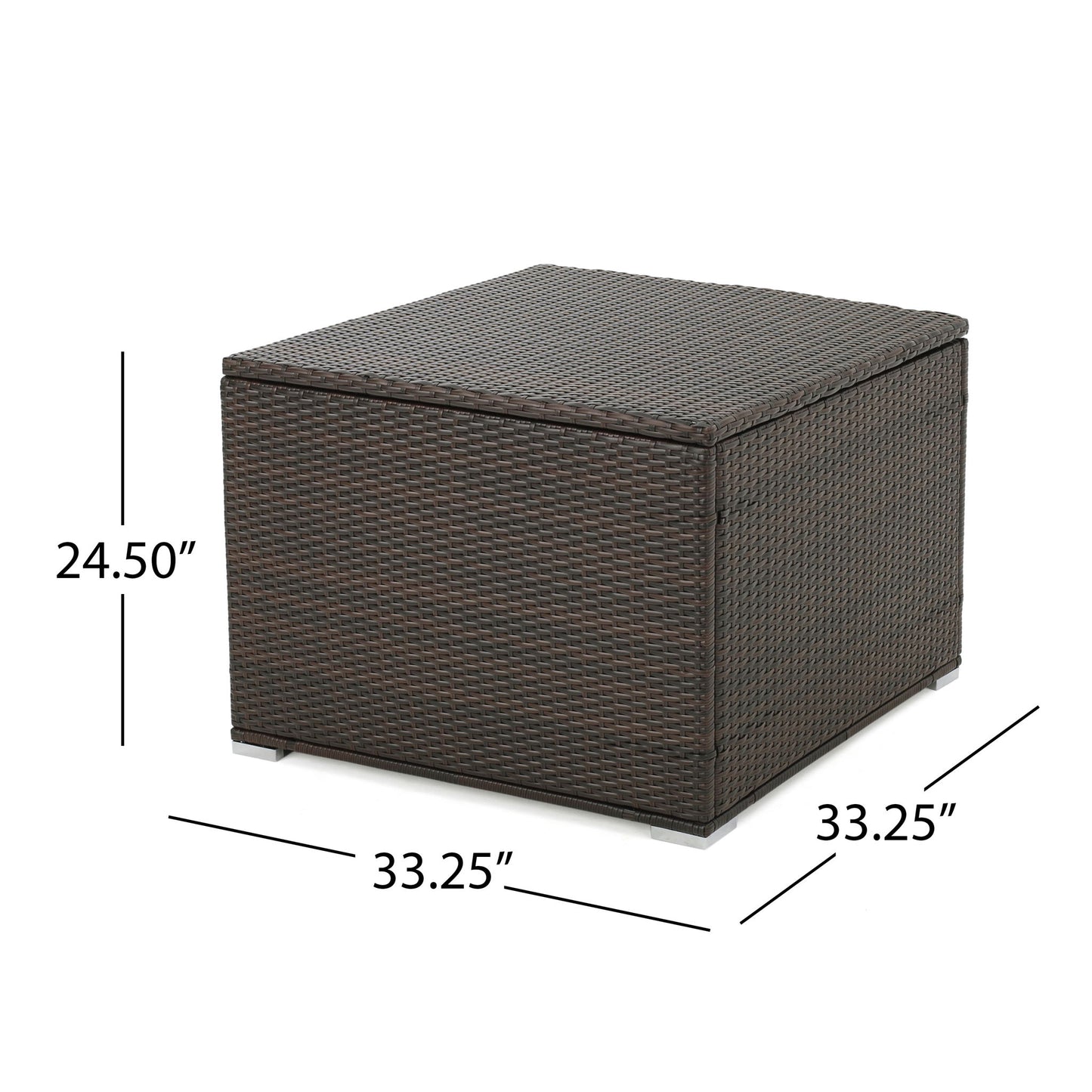 The Santa Rosa Storage Table is a square, brown wicker outdoor box with a lid, measuring 33.25"W x 33.25"D x 24.5"H, with measurement lines indicating its dimensions.