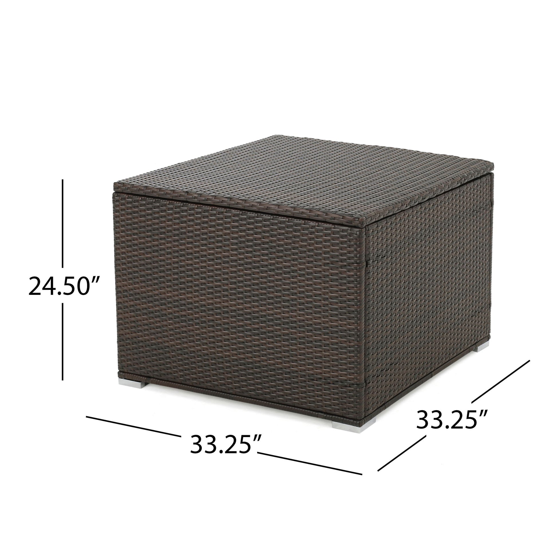The Santa Rosa Storage Table is a square, brown wicker outdoor box with a lid, measuring 33.25"W x 33.25"D x 24.5"H, with measurement lines indicating its dimensions.
