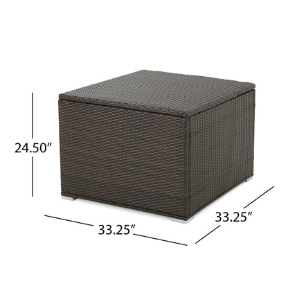 The Santa Rosa Storage Table is a square, brown wicker outdoor box with a lid, measuring 33.25"W x 33.25"D x 24.5"H, with measurement lines indicating its dimensions.
