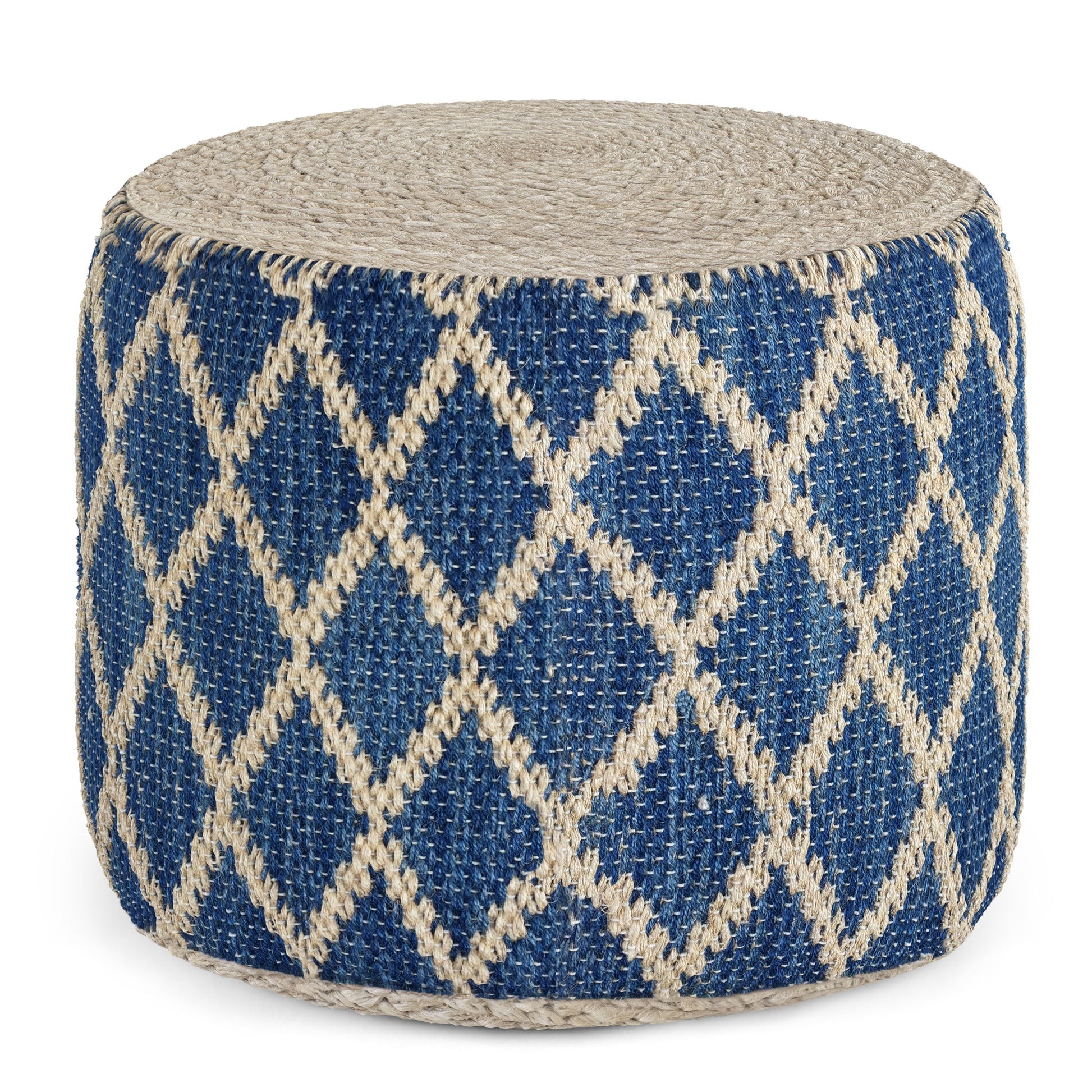 The Edgeley - Handcrafted Round Pouf features a beige top and base with a blue body adorned by a beige diamond lattice pattern.