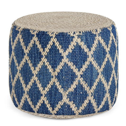 The Edgeley - Handcrafted Round Pouf features a beige top and base with a blue body adorned by a beige diamond lattice pattern.