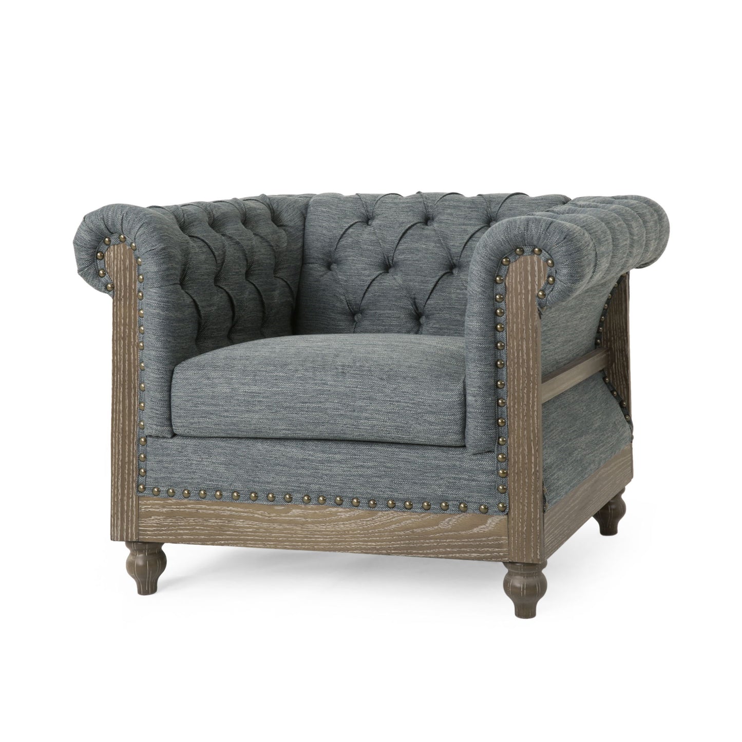 The Fabric Upholstered Club Chair With Scrolled Tuxedo Arms features a gray tufted design, wooden frame, brass nailhead trim, deep seat, and textured upholstery.