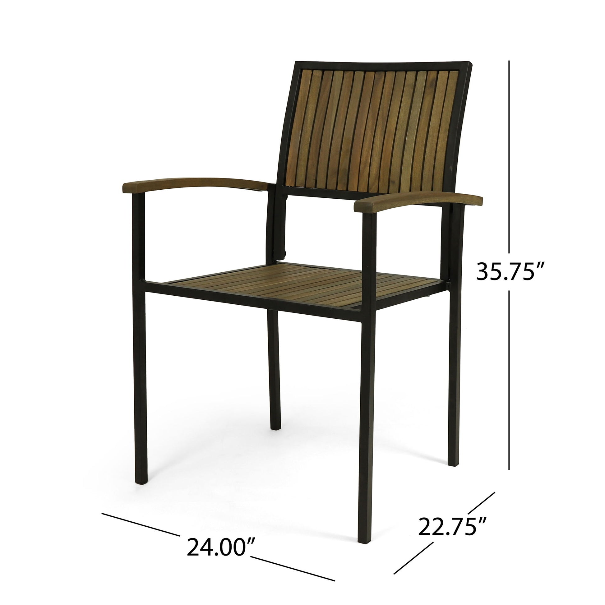 The Vermilion Outdoor Dining Chair features a black metal frame, wooden arms, and vertical slatted seat and back. Dimensions: 35.75" H x 24" W x 22.75" D. Perfect for outdoor settings.