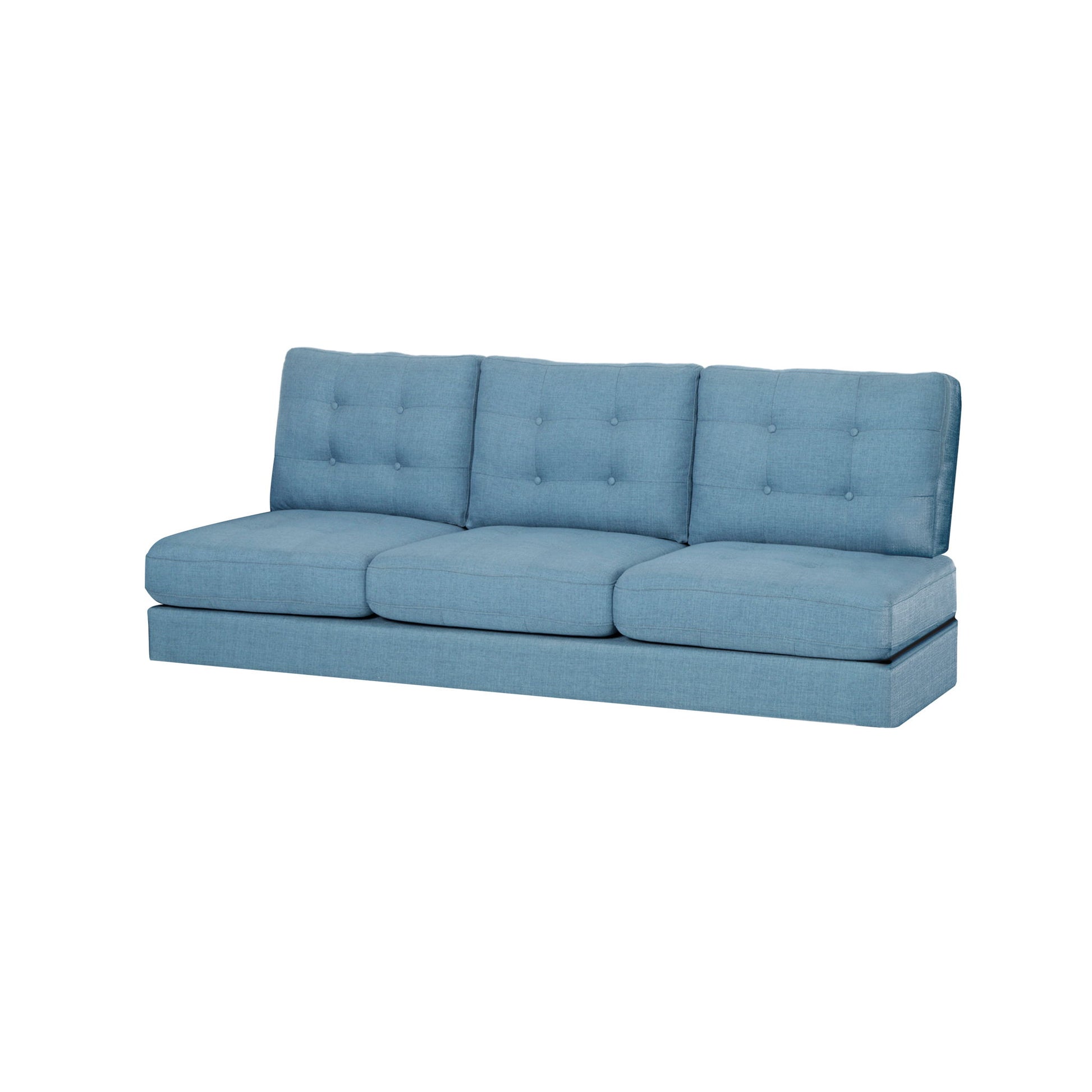 The Jenny Contemporary Tufted Fabric 3 Seater Sofa in blue features tufted back and seat cushions, displayed against a plain white background.