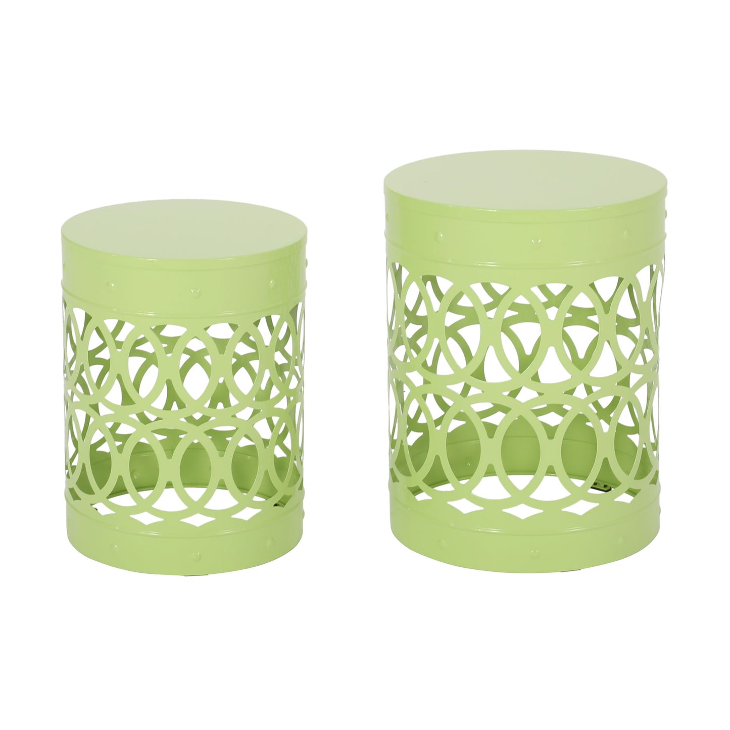 The Outdoor Metal S/2 End Table set includes two light green metal side tables with round tops and open lattice bases featuring intersecting ovals; one table is larger and taller than the other.