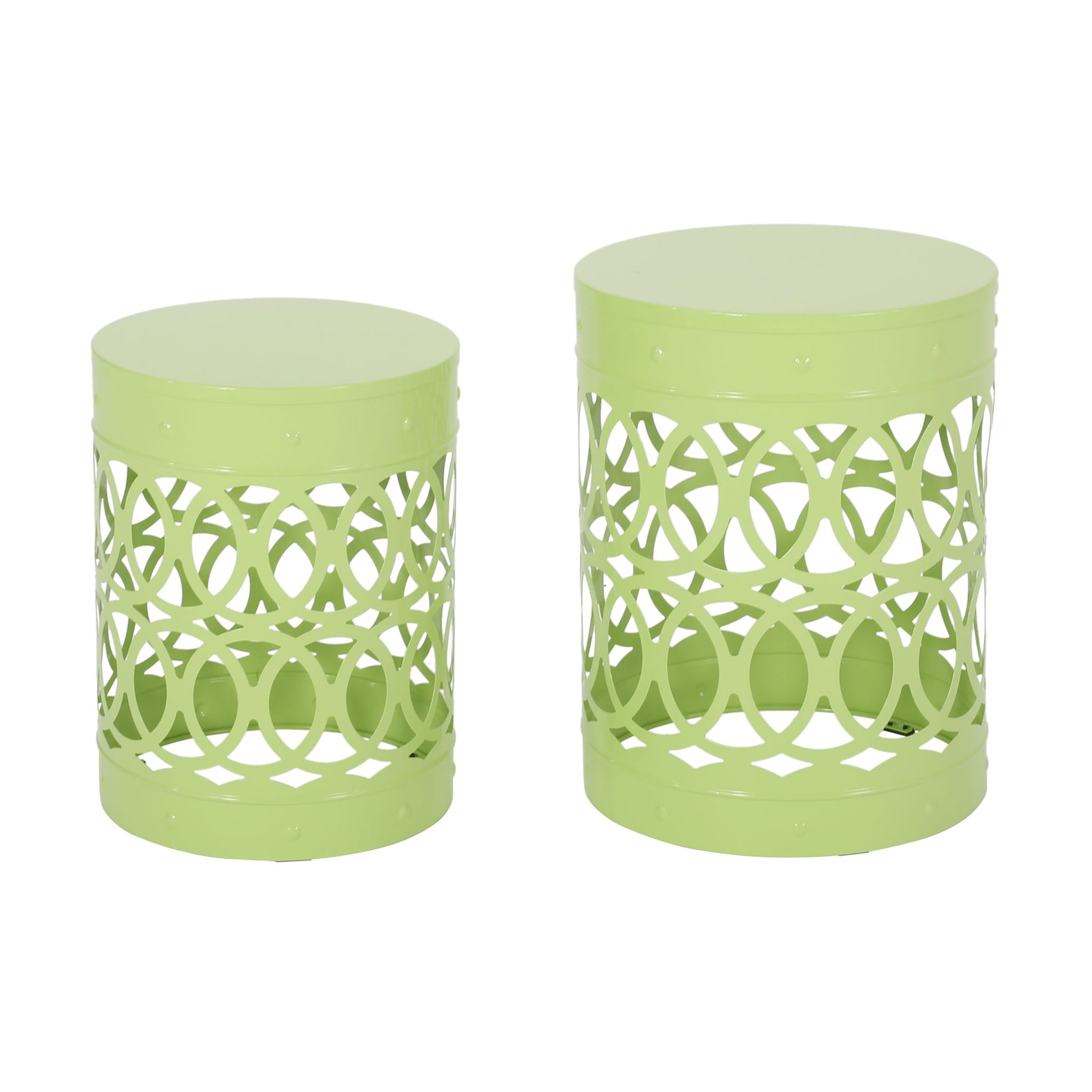 The Outdoor Metal S/2 End Table set includes two light green metal side tables with round tops and open lattice bases featuring intersecting ovals; one table is larger and taller than the other.