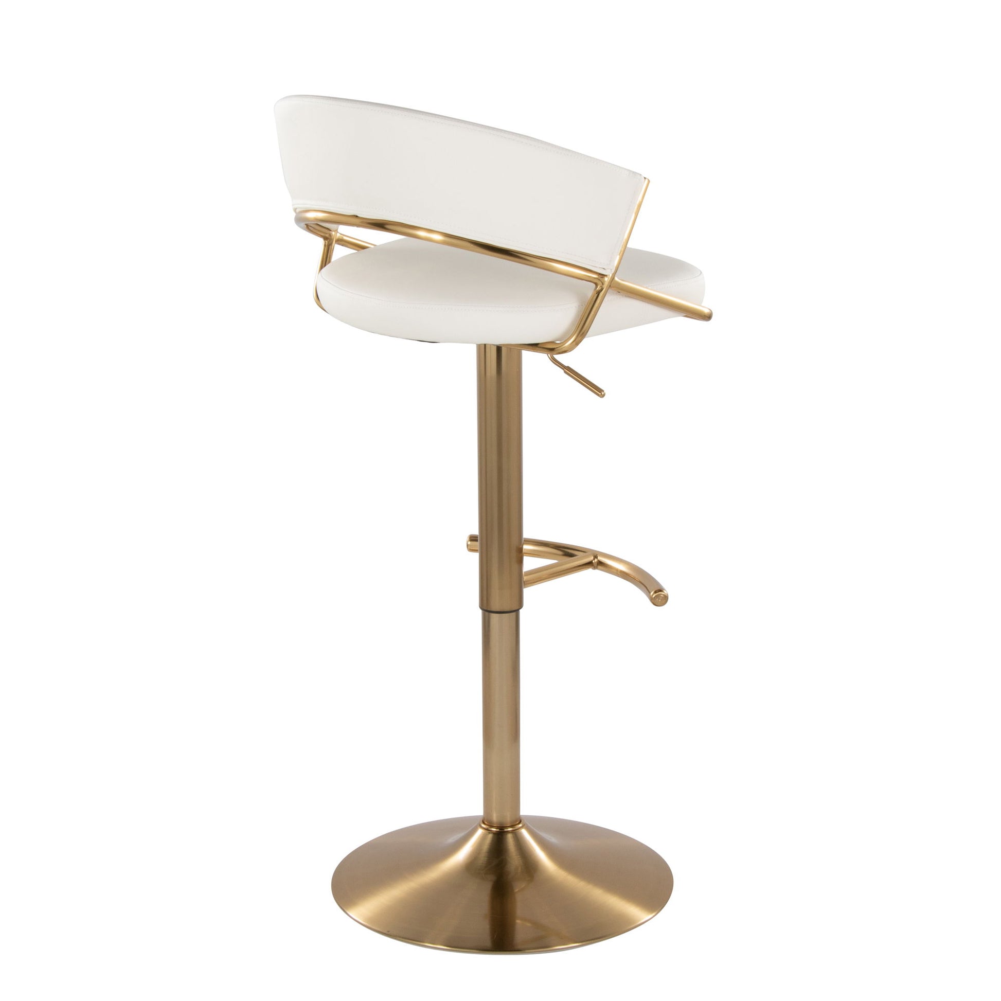 The Jie Contemporary Adjustable Barstool (Set of 2) features a white cushioned seat, curved backrest, gold metal frame with round base, and rounded T footrest for sleek, modern style. Swivel adjustable design adds versatility.