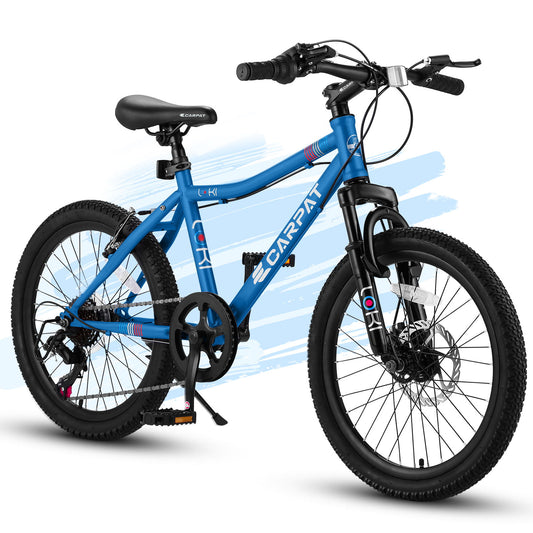 The S20101 20" Kids' Bike for ages 8-12 features a high steel frame, front suspension fork, disc and rear V-brakes, black tires, kickstand, and 7 speeds. Shown on a white background with light blue brushstroke accents.