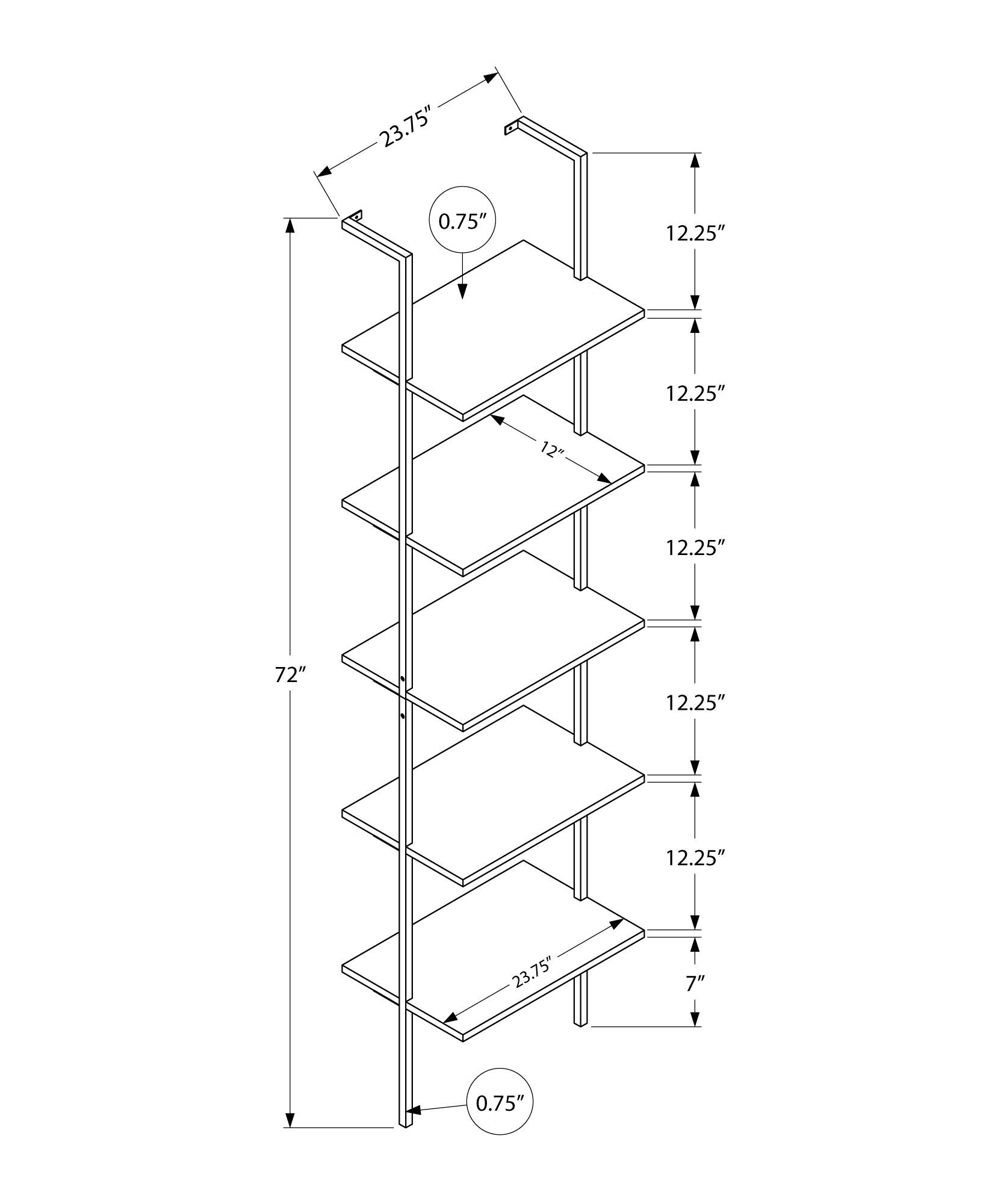 Isometric line drawing of the Etagere Bookcase Ladder 5 Tier for Office: five 0.75" thick shelves, each 23.75"W x 12"D, spaced 12.25" apart; unit height is 72" with a bottom clearance of 7".