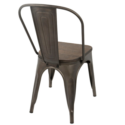 The Oregon - IndustrialFarmhouse Stackable Dining Chair (Set of 2) features a metal frame with a curved back, wooden seat, and dark finish. Shown from the rear, its simple industrial design fits modern dining spaces.