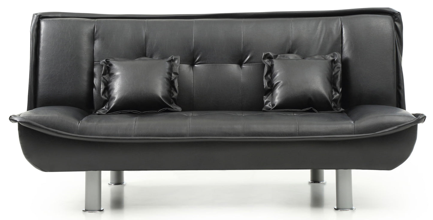 The Lionel - Sofa Bed is a modern black leather sofa featuring two matching square cushions and four metal legs, shown against a white background.