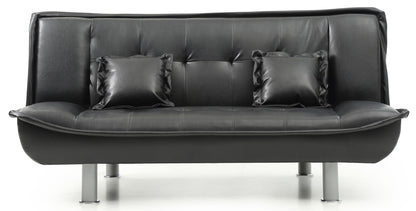 The Lionel - Sofa Bed is a modern black leather sofa featuring two matching square cushions and four metal legs, shown against a white background.