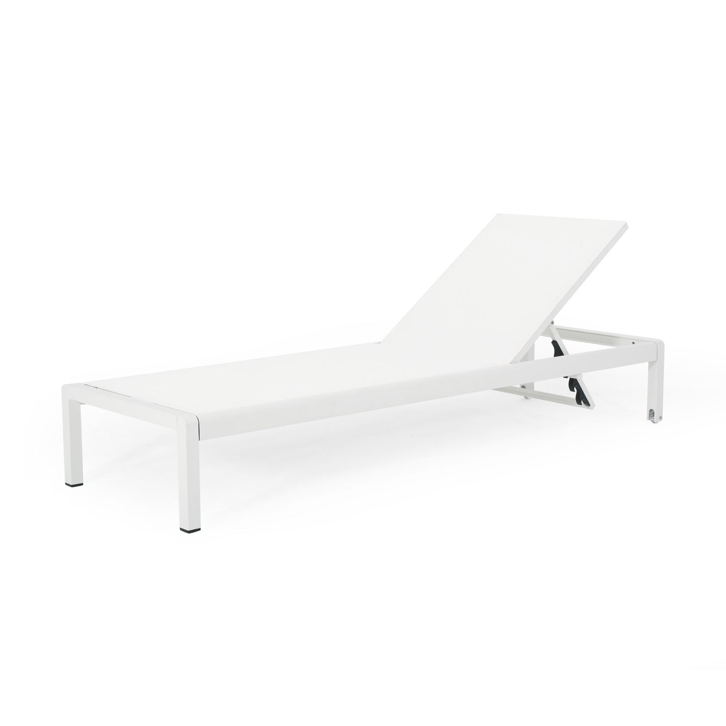 The Outdoor Patio Chaise Lounge With 5 Reclining Positions features a modern white minimalist design with an adjustable backrest and straight legs, shown against a plain white background.