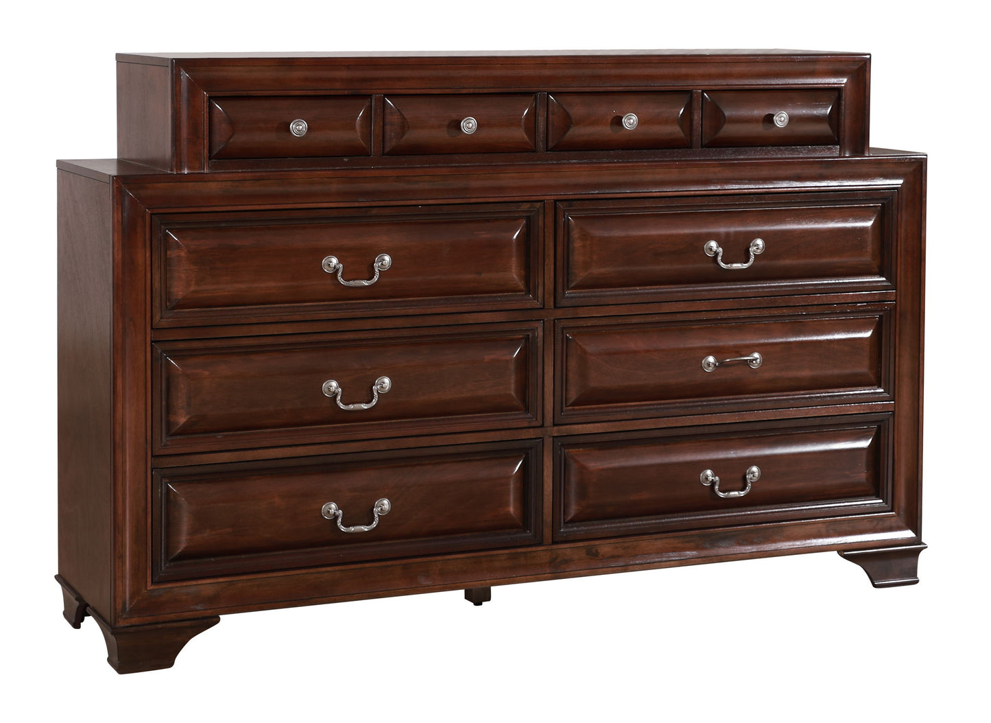 The LaVita - Dresser is a dark wood, rectangular dresser with a glossy finish. It features eight drawers with silver handles and knobs, plus a raised top section containing four smaller drawers.