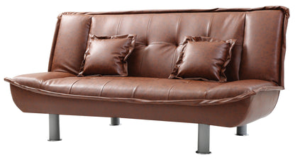 The Lionel - Sofa Bed is a brown faux leather sofa featuring two matching square pillows and silver cylindrical legs, shown isolated on a white background.