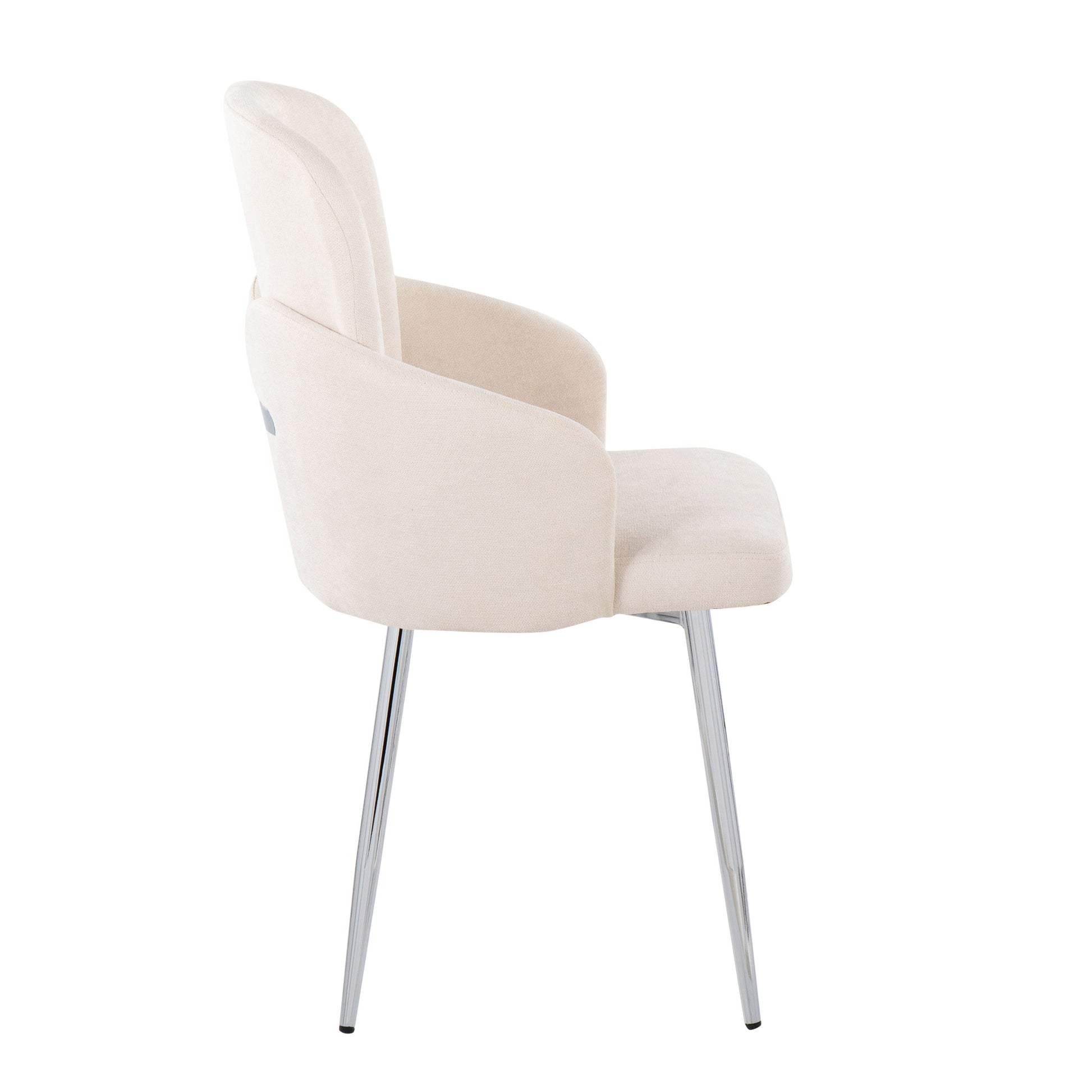 The Dahlia Contemporary Dining Chair (Set of 2) features a modern, light beige upholstered design with curved armrests and shiny metal legs, shown from the side against a white background.