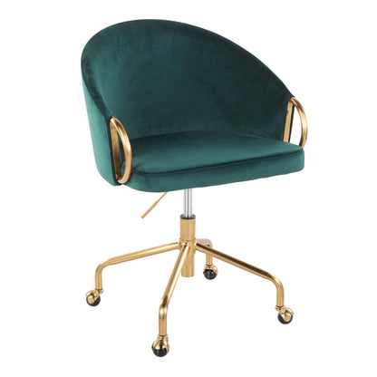 The Claire Stylish Design Contemporary/Glam Task Chair features green velvet upholstery, gold metal armrests, a gold wheeled base, a curved backrest, and an adjustable height mechanism.
