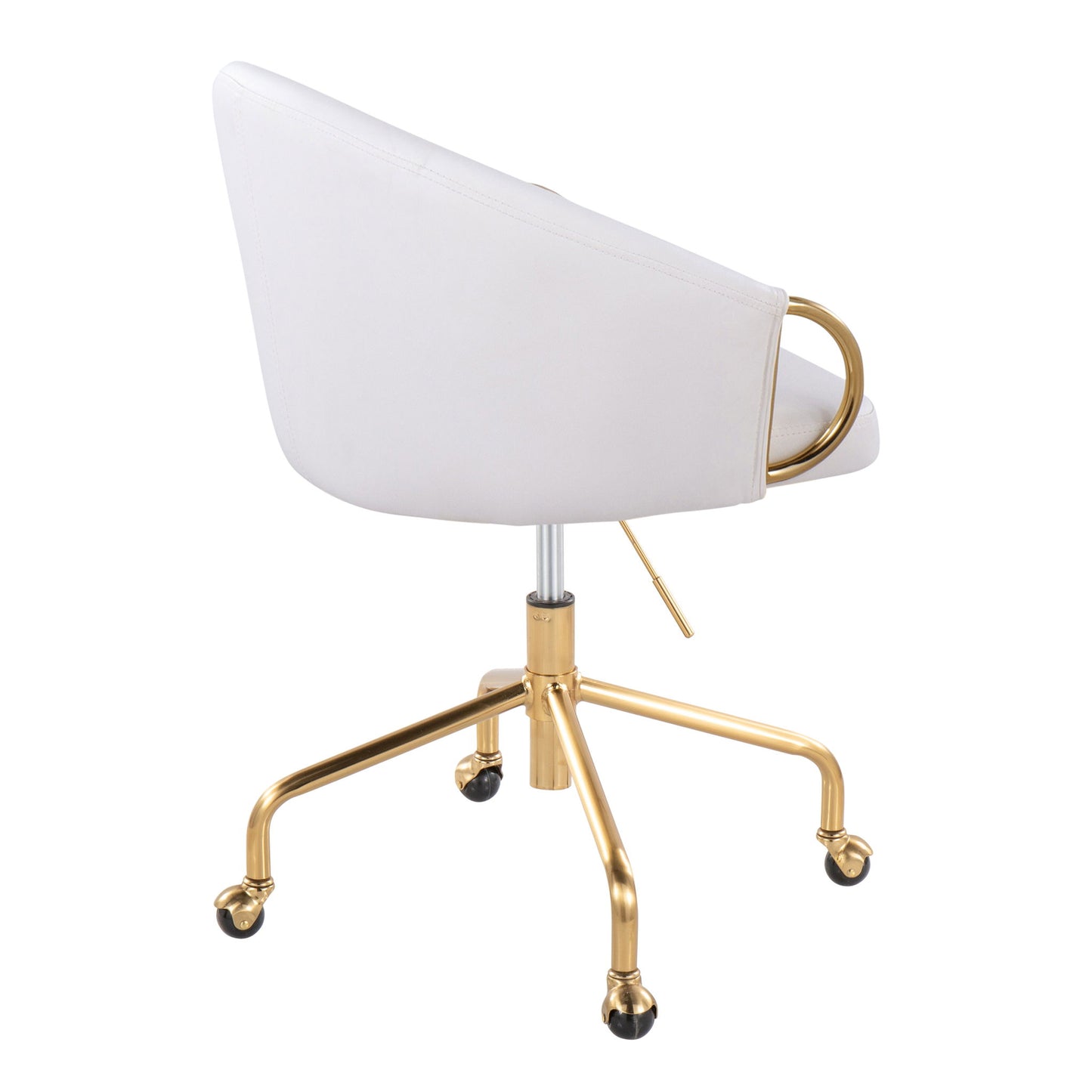 The Claire Task Chair is a modern white swivel office chair featuring a curved backrest, gold metal legs on casters, and a decorative gold ring accent on the back.