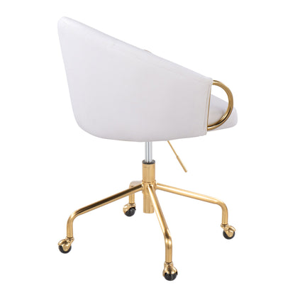 The Claire Task Chair is a modern white swivel office chair featuring a curved backrest, gold metal legs on casters, and a decorative gold ring accent on the back.
