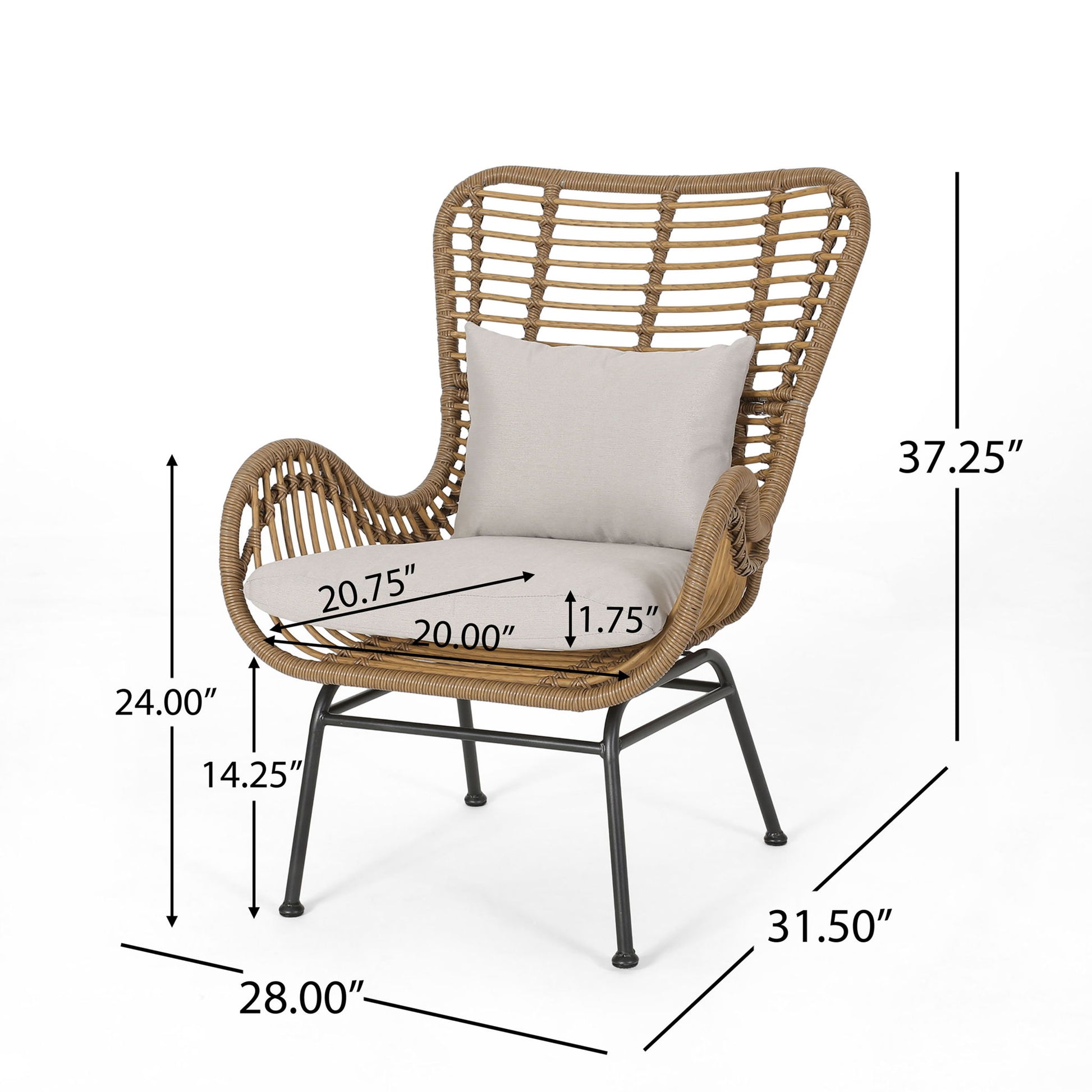 The Modern Aesthetic Outdoor Rattan Accent Chair features a brown wicker frame, black metal legs, and light gray cushions. Dimensions: 37.25"H x 28"W x 31.5"D; arm height: 24", seat: 14.25"H x 20.75"W x 20"D, cushion thickness: 1.75".