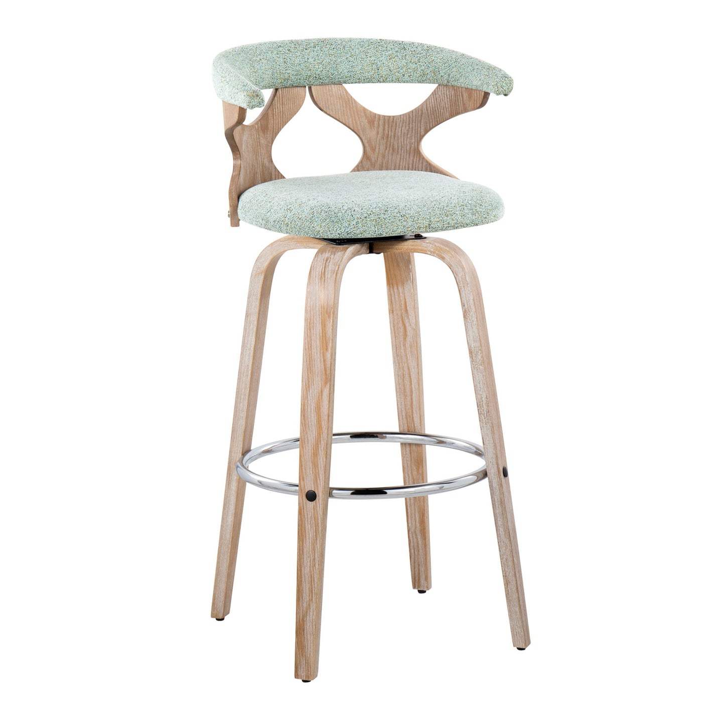 The Gardenia Contemporary Fixed Height Barstool (Set of 2) features swivel seats with light wood legs, a round metal footrest, and curved backrests with cut-out details plus light green upholstered seat and back padding.