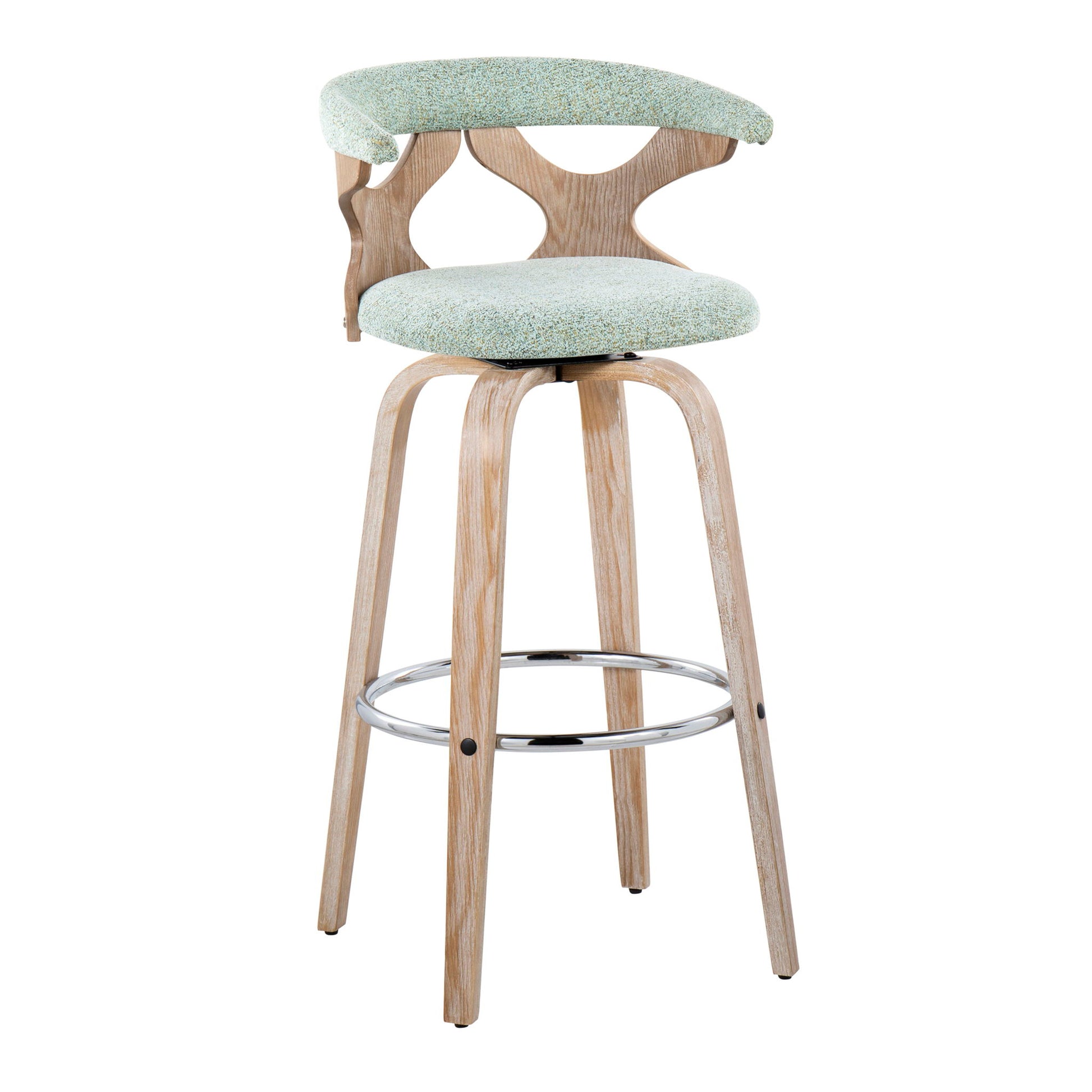 The Gardenia Contemporary Fixed Height Barstool (Set of 2) features swivel seats with light wood legs, a round metal footrest, and curved backrests with cut-out details plus light green upholstered seat and back padding.